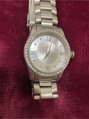 ESQ Movado Silver Mother-of-Pearl Dial Stainless Steel Crystal Bezel Watch